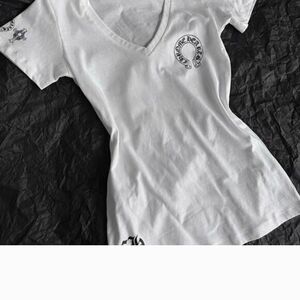 White V-Neck Short Sleeve Tee with Subtle Graphic. M but runs Smaller